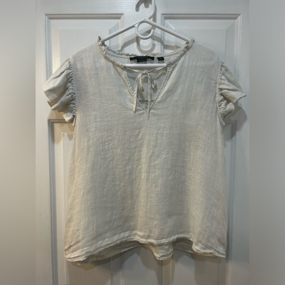 Women's 100% Linen Cropped Blouse Size‎ XL Ruffle Cap Sleeve Boxy Cottage Beach